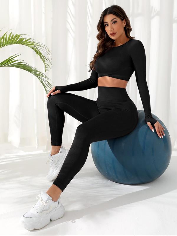 Two-Piece Set Women's Solid Long Sleeve Crop Top & High Waist Leggings Tracksuit Set, Sporty Breathable Comfy Outfits for Yoga Gym Workout Running, Ladies Sportswear for Fall & Winter