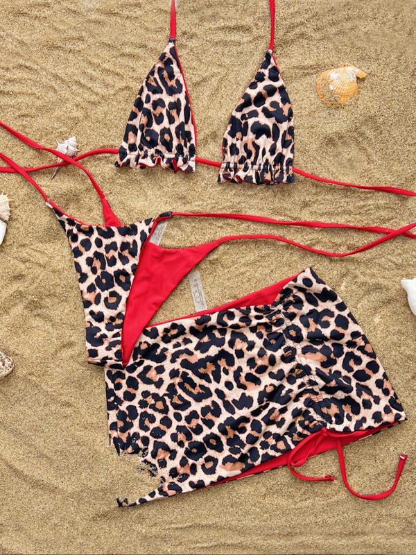 Three-Piece Set Women's Leopard Print Halter Bikini Top & Tie Side Thong & Cover Up Skirt Set, Sexy Swimsuit Set for Beach Holiday Vacation, Ladies Swimwear for All Seasons