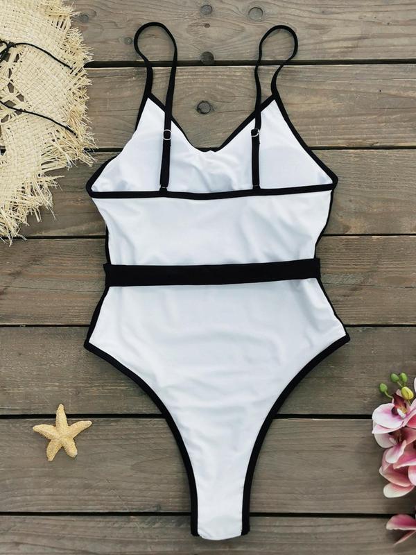 Women's Contrast Binding Belted One-Piece Swimsuit, Casual Sleeveless Triangle Swimwear for Beach Holiday Vacation, Ladies Swimsuit for All Seasons