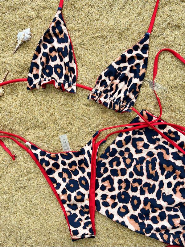 Three-Piece Set Women's Leopard Print Halter Bikini Top & Tie Side Thong & Cover Up Skirt Set, Sexy Swimsuit Set for Beach Holiday Vacation, Ladies Swimwear for All Seasons