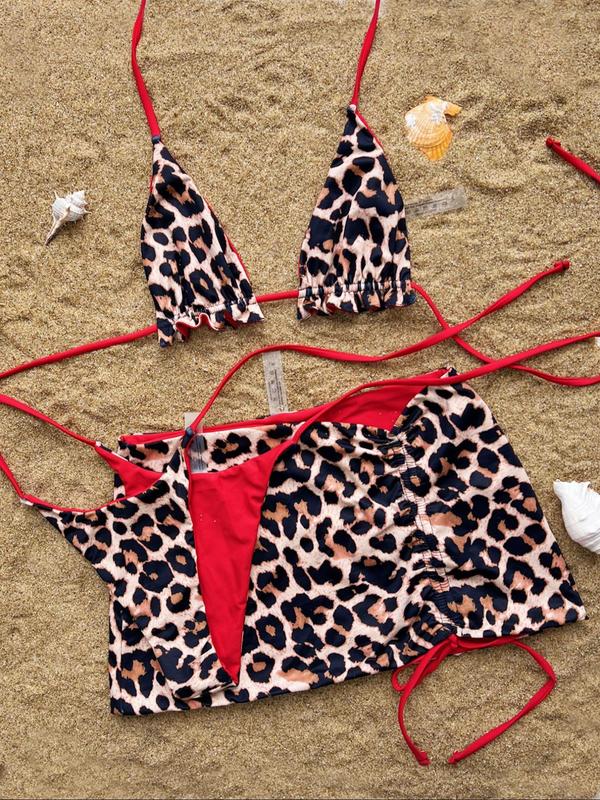 Three-Piece Set Women's Leopard Print Halter Bikini Top & Tie Side Thong & Cover Up Skirt Set, Sexy Swimsuit Set for Beach Holiday Vacation, Ladies Swimwear for All Seasons