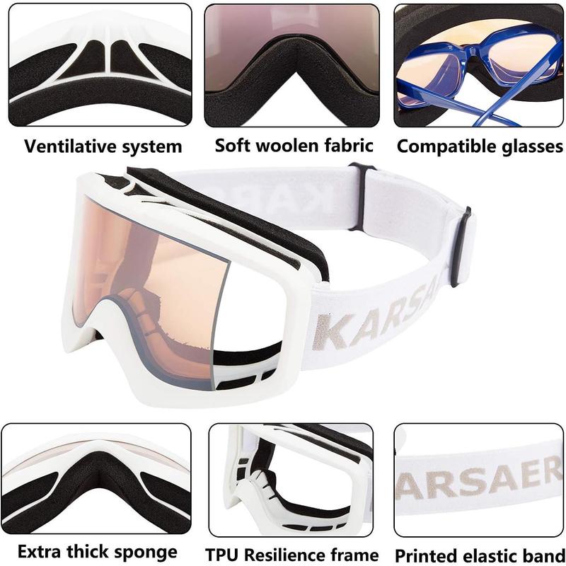 Karsaer Ski Goggles Anti-Fog Snow Goggles OTG 100% UV Protection Snowboard Goggles Bendable Dual-Lenses for Men Women Youth B7012