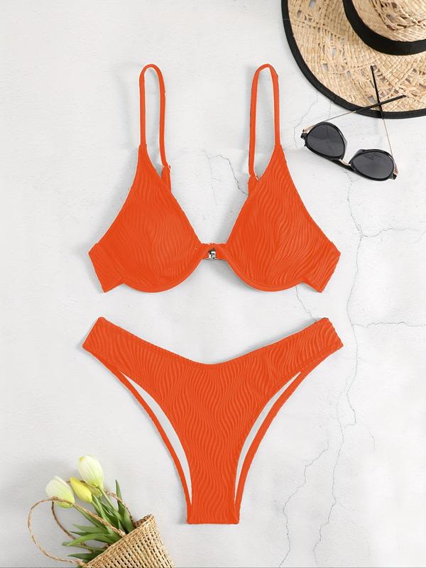 Women's Textured Bikinis Set, Adjustable Strap Swim Bra & High Cut Swim Bottom, Bathing Suits 2024 for Women Summer, Ladies Summer Swimwear for Beach Holiday Vacation