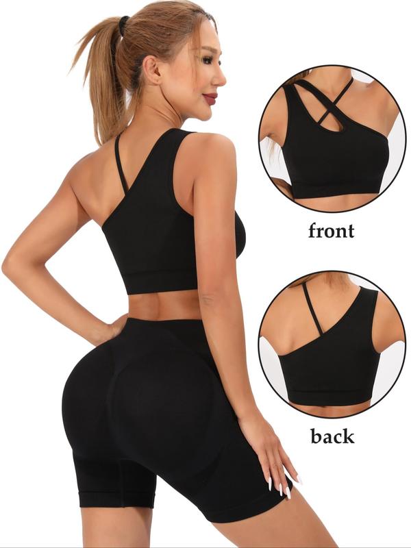 Women's Criss Cross Asymmetrical Neck Sports Bra, Solid Color One Shoulder Cut Out Wireless Sports Bra, High Stretch Seamless Yoga Top, Ladies Sportswear Clothing for Indoor Outdoor Wear