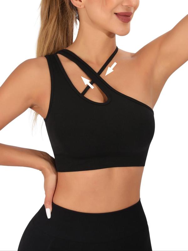 Women's Criss Cross Asymmetrical Neck Sports Bra, Solid Color One Shoulder Cut Out Wireless Sports Bra, High Stretch Seamless Yoga Top, Ladies Sportswear Clothing for Indoor Outdoor Wear