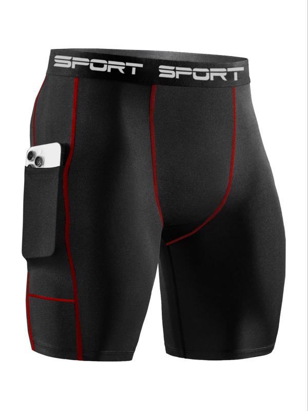 Men's Letter Tape Pocket Sports Shorts, Quick Drying Breathable Compression Shorts, Tight-fitting Sports Bottoms for Gym Workout Running Cycling