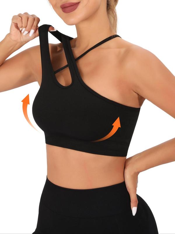 Women's Criss Cross Asymmetrical Neck Sports Bra, Solid Color One Shoulder Cut Out Wireless Sports Bra, High Stretch Seamless Yoga Top, Ladies Sportswear Clothing for Indoor Outdoor Wear