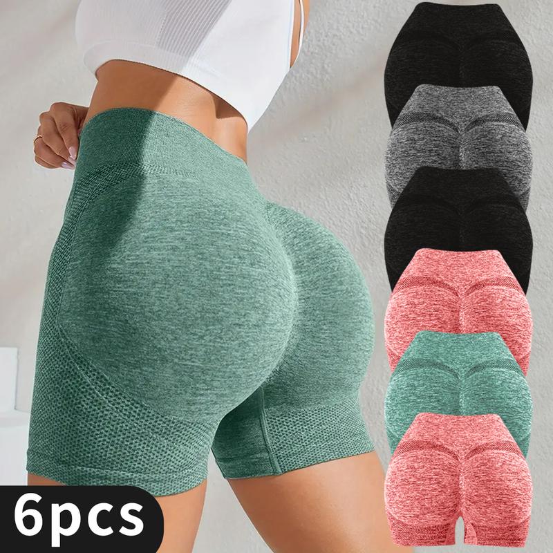 6pcs, Women's Solid Color Sports Sports Shorts, High Waist,  wrinkle Detail, Women's Clothing