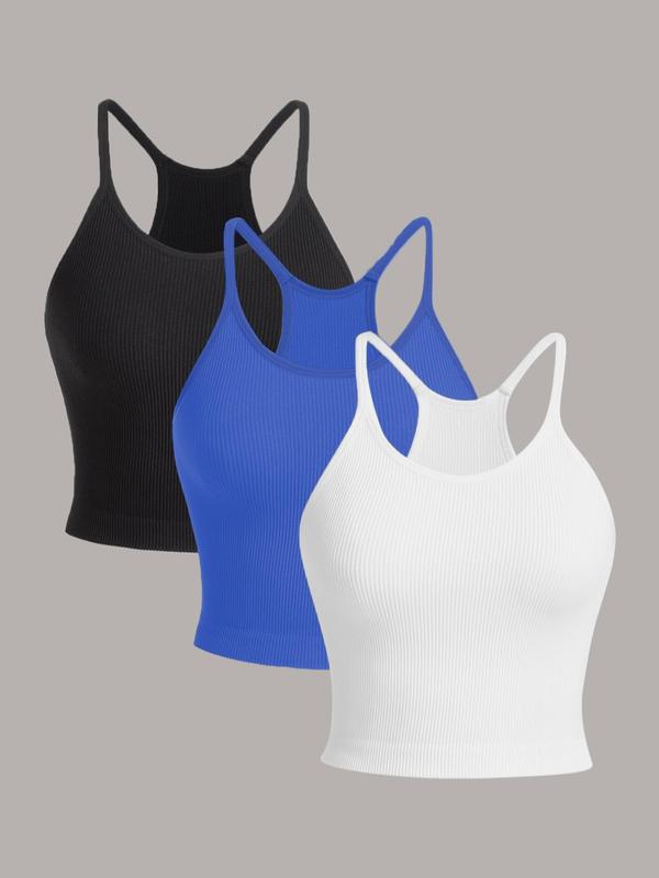 Women's Solid Spaghetti Strap Ribbed Sports Vest, Back To School Outfits, Casual Sporty Comfy Breathable Sleeveless Crop Sports Top for Yoga Gym Workout, Running Vest, Women Sport & Outdoor Clothing