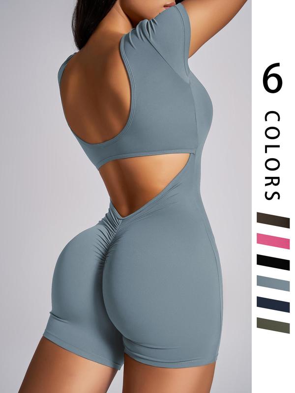 Solid Cut Out Backless Ruched Sports Romper, Sporty Scoop Neck Short Sleeve Bodycon Romper for Summer, Rompers for Women, Workout Clothing, Ladies Sportswear for Yoga Gym Fitness, Tummy Control