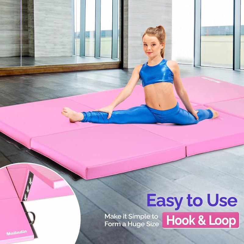 6' Folding Tri-fold Gymnastics Gym Exercise Aerobics Mat, 6ft x 2ft x 2in PU Leather Tumbling Mats with Hook & Loop Fastener for Stretching Yoga Cheerleading Martial Arts