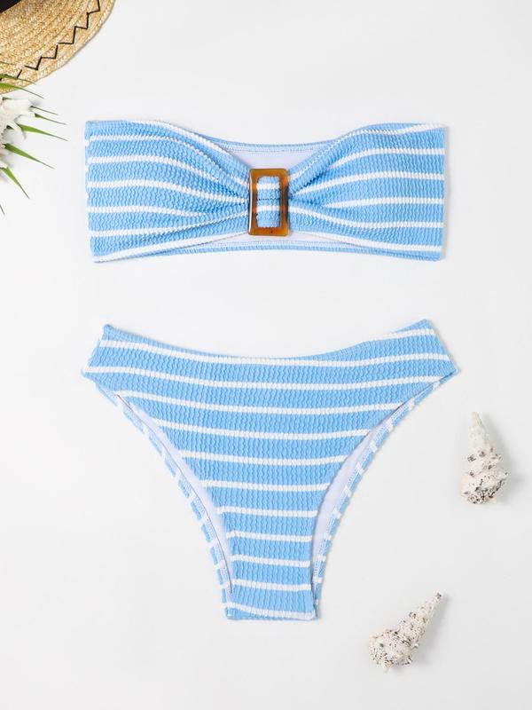 Two-piece Set Women's Striped Print Textured Bikinis Set, Casual Sleeveless Wireless Buckle Front Bra & Swim Bottom Two-Piece Swimsuit, Ladies Bathing Suit for Summer Beach Holiday Vacation