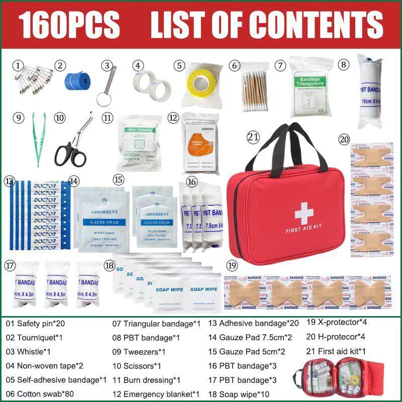 Portable Emergency Kit, 160pcs bag Outdoor First Aid Kit, Emergency Supplies and Accessories for Hunting, Hiking, Camping