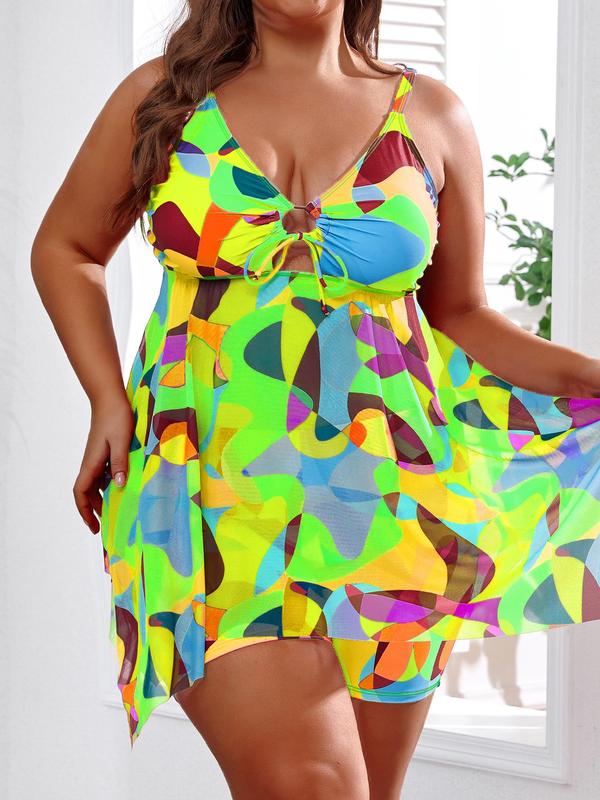  LGBTQ+ All Over Print Cut Out Ring Linked Tie Front Swim Top & Swim Shorts 2024 Tankini Swimsuits Sets, V Neck Top & Shorts Tummy Control Swimwear Set, Curve Bathing Suits for Beach