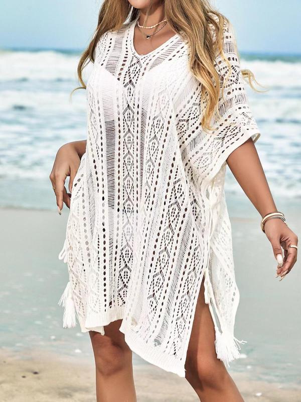 Women's Plain Hollow Out Tassel Cover Up Dress without Bikini, Boho Batwing Sleeve Split Hem Sheer Cover Up Dress for Summer, Fashion Women's Clothing for Beach Holiday Vacation