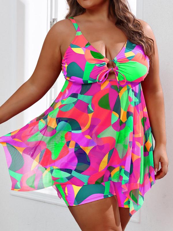  LGBTQ+ All Over Print Cut Out Ring Linked Tie Front Swim Top & Swim Shorts 2024 Tankini Swimsuits Sets, V Neck Top & Shorts Tummy Control Swimwear Set, Curve Bathing Suits for Beach