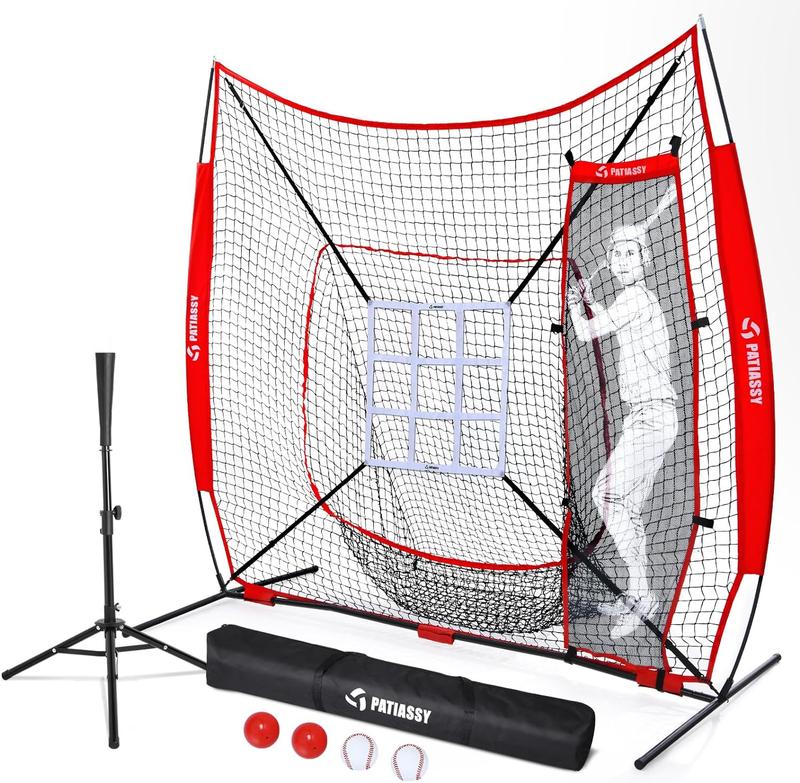 Kids Gift, Patiassy 7 ft x 7 ft Baseball Softball Hitting Pitching Practice Net with Batting Tee and Batter Portable Baseball Net