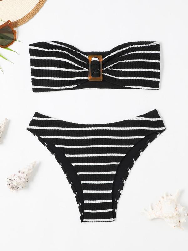 Two-piece Set Women's Striped Print Textured Bikinis Set, Casual Sleeveless Wireless Buckle Front Bra & Swim Bottom Two-Piece Swimsuit, Ladies Bathing Suit for Summer Beach Holiday Vacation