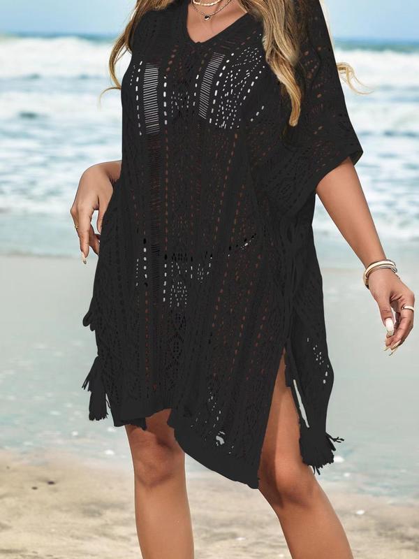 Women's Plain Hollow Out Tassel Cover Up Dress without Bikini, Boho Batwing Sleeve Split Hem Sheer Cover Up Dress for Summer, Fashion Women's Clothing for Beach Holiday Vacation