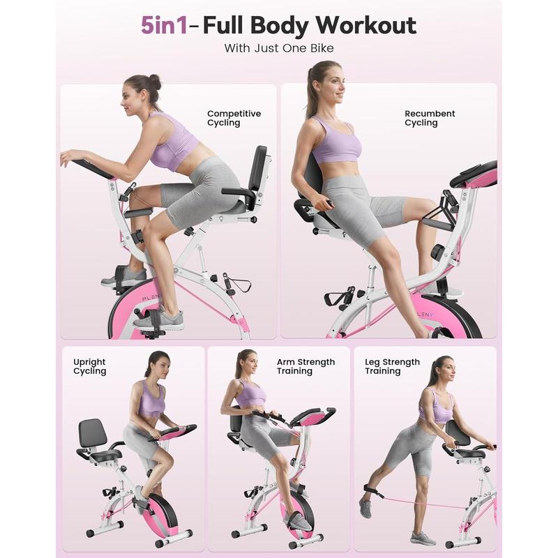 PLENY Folding Exercise Bike, Indoor Stationary Bike 16-Level Magnetic Resistance with Arm Resistance Band, Back Support Cushion Workout Bike for Home Workout Gym