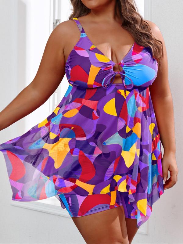  LGBTQ+ All Over Print Cut Out Ring Linked Tie Front Swim Top & Swim Shorts 2024 Tankini Swimsuits Sets, V Neck Top & Shorts Tummy Control Swimwear Set, Curve Bathing Suits for Beach