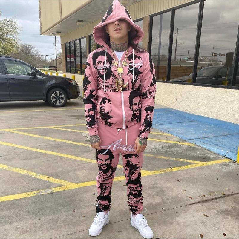 Asalii Pabl0 Esc0ba Light Pink Hoodie, Luxury Designer Pabl0 Inspired Custom Zip-up Hoodies Sweatpants 2-Piece Tracksuit, Set Long Sleeve, Cartel Sweatpants