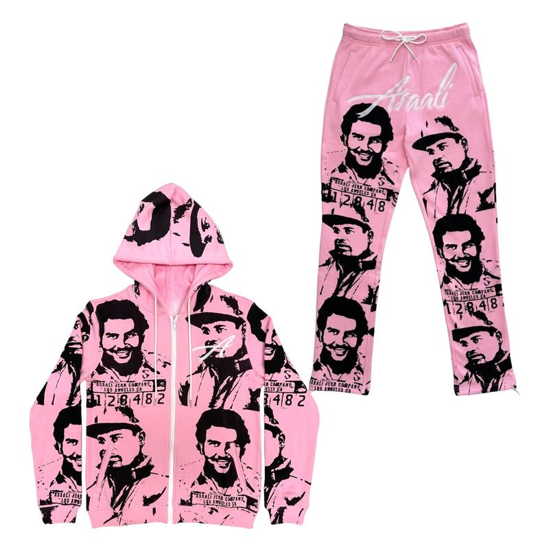 Asalii Pabl0 Esc0ba Light Pink Hoodie, Luxury Designer Pabl0 Inspired Custom Zip-up Hoodies Sweatpants 2-Piece Tracksuit, Set Long Sleeve, Cartel Sweatpants