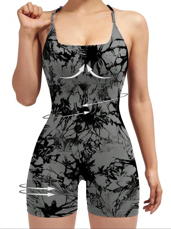 Women's Tie Dye Print Criss Cross Sports Cami Romper, Sporty Backless Spaghetti Strap Bodysuit, Ladies Sportswear for Indoor Outdoor Wear