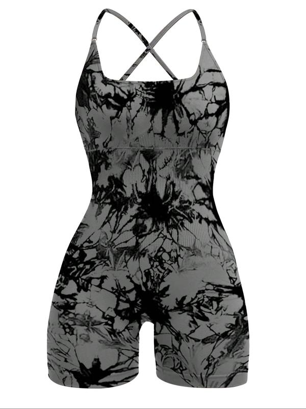 Women's Tie Dye Print Criss Cross Sports Cami Romper, Sporty Backless Spaghetti Strap Bodysuit, Ladies Sportswear for Indoor Outdoor Wear