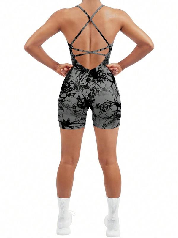 Women's Tie Dye Print Criss Cross Sports Cami Romper, Sporty Backless Spaghetti Strap Bodysuit, Ladies Sportswear for Indoor Outdoor Wear