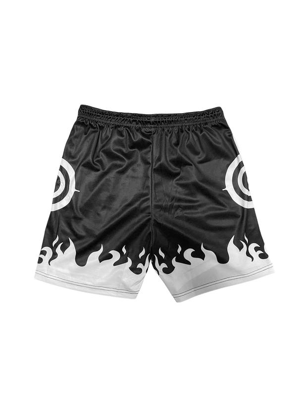 Men's Colorblock Fire Print Drawstring Waist Sports Shorts, Regular Fit Breathable Comfortable Pocket Shorts for Gym Workout Running, Men's Sportswear for Summer