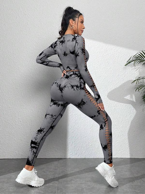 Two-Piece Set Women's Tie Dye Print Hollow Out Long Sleeve Crop Tee & High Waist Leggings Tracksuit Set, Sporty Round Neck Raglan Sleeve Top & Pants Sports Set Fall Outfits