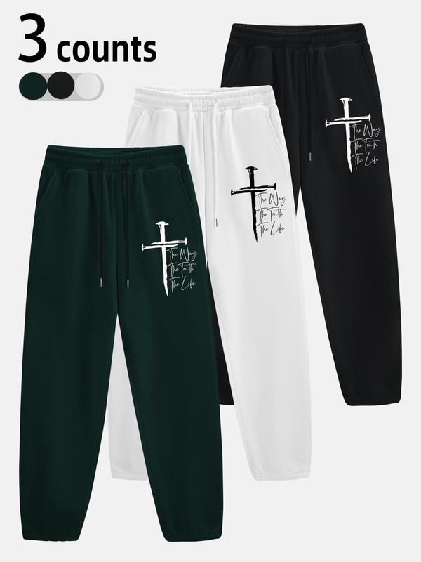 Unisex's Letter & Cross Print Drawstring Waist Sweatpants, Casual Pocket Jogger Pants for Fall & Winter, Pants for Women, Unisex's Trousers for Daily Wear