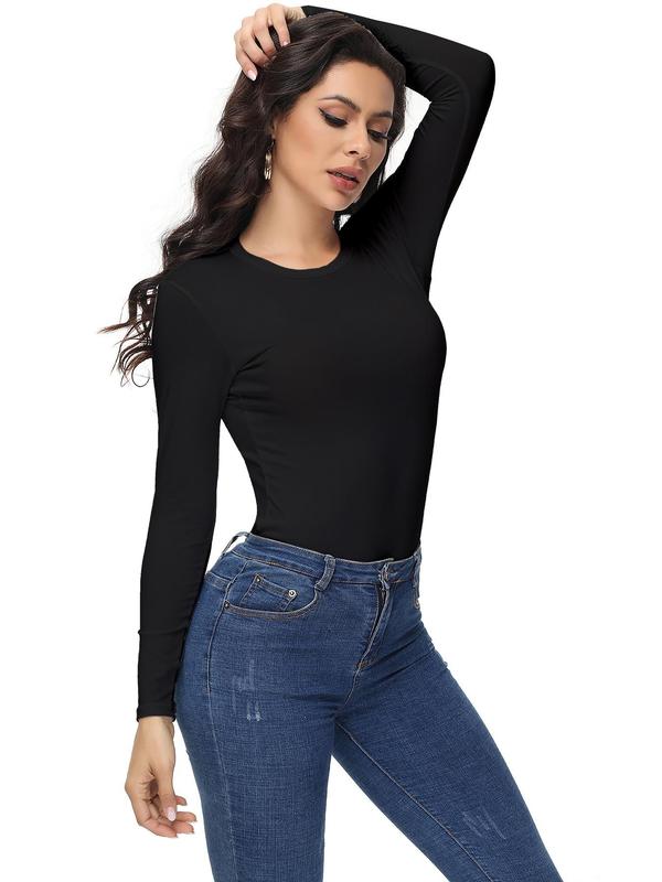 Women's Solid Round Neck Long Sleeve Sports Tee, Casual Comfy Breathable Crew Neck T-Shirt for Daily Outdoor Wear, Ladies Sportswear for All Seasons, Fall Outfits, Fallfreshness