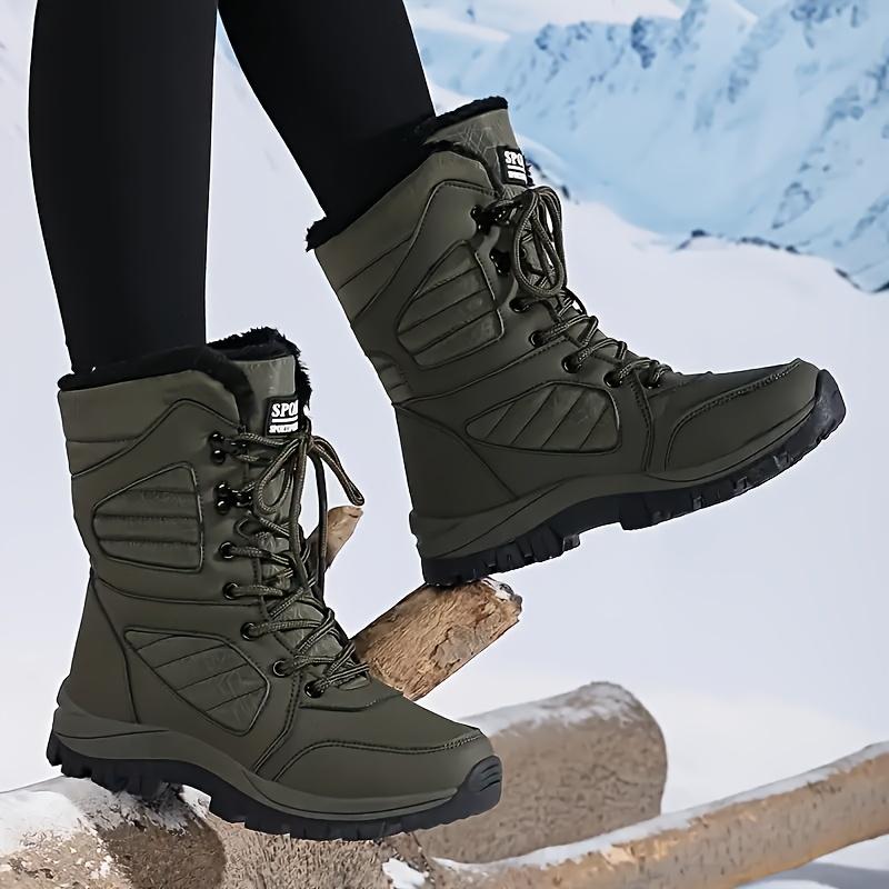 Women's Winter Mid-Calf Snow Boots, Warmth Retention Material Lining, Durable Non-Slip Outdoor Hiking Shoes, Solid Color, Standard Toe Holder, Ultra-Fine Artificial Leather, Brie, Rubber Sole, Random Printing.