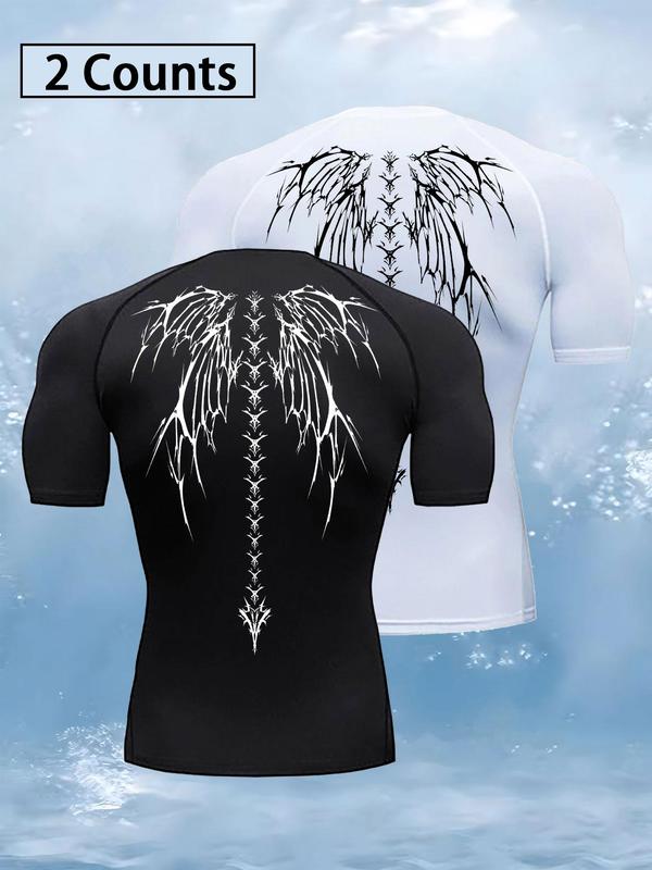 Men's Skull Wing Print Round Neck Sports Tee, Breathable Sweat Absorbing Compression T-shirt, Quick Drying Short Sleeve T-shirt for Outdoor Gym Running