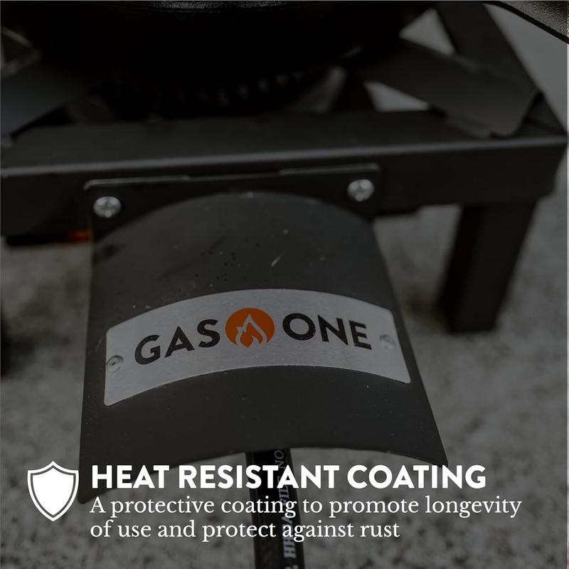 GasOne High-Output Single Propane Burner with Heat Shield and Guard, Steel Braided Hose – Ideal for Outdoor Cooking, Camping and Home Brewing