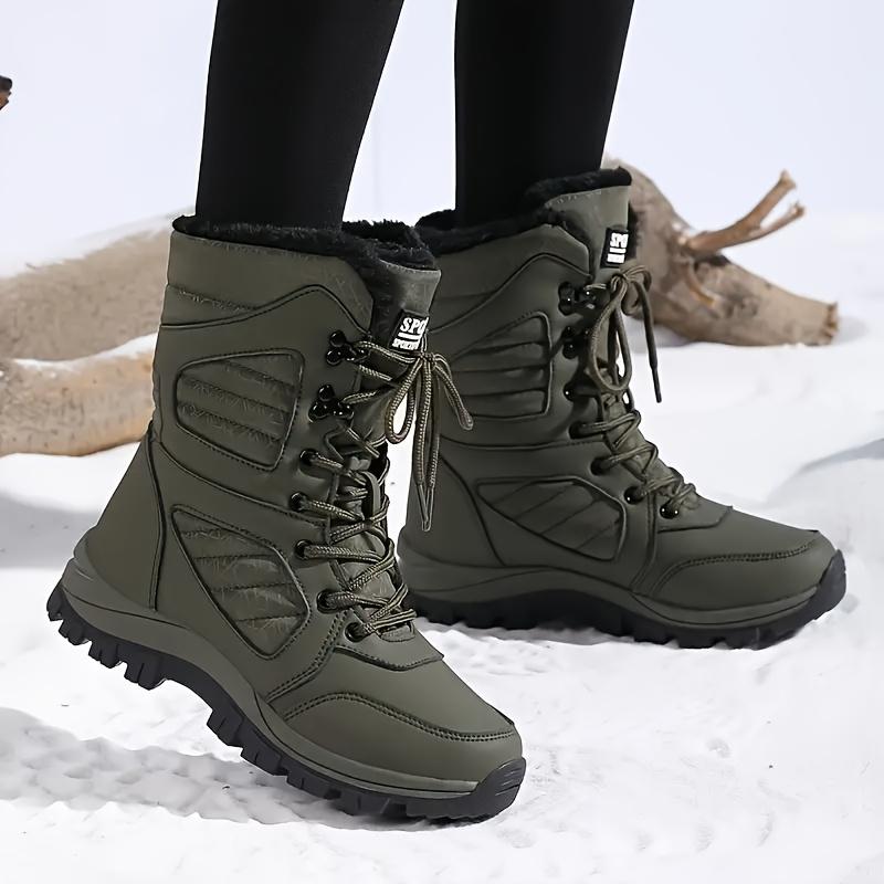 Women's Winter Mid-Calf Snow Boots, Warmth Retention Material Lining, Durable Non-Slip Outdoor Hiking Shoes, Solid Color, Standard Toe Holder, Ultra-Fine Artificial Leather, Brie, Rubber Sole, Random Printing.