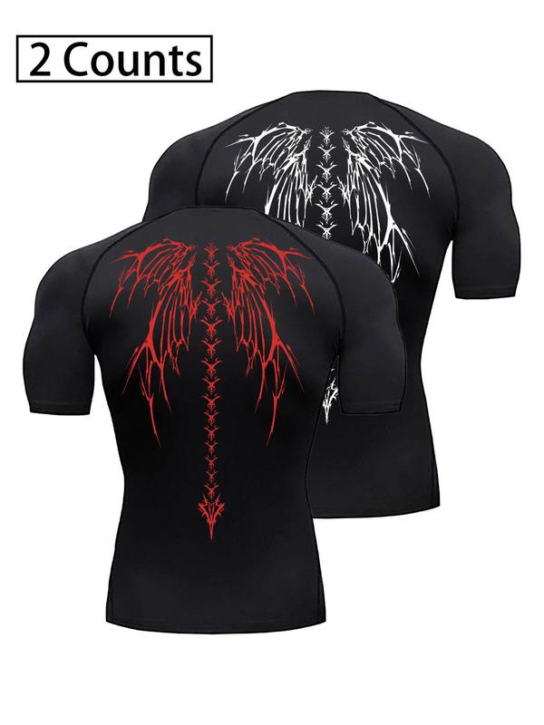 Men's Skull Wing Print Round Neck Sports Tee, Breathable Sweat Absorbing Compression T-shirt, Quick Drying Short Sleeve T-shirt for Outdoor Gym Running