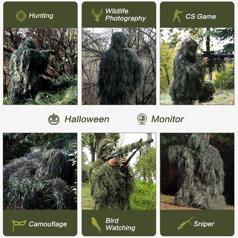 Lilypelle 5 in 1 Ghillie Suit, 3D Camouflage Hunting Apparel Including Jacket, Pants, Hood, Carry Bag, Ghillie Suit for Men Adult Youth