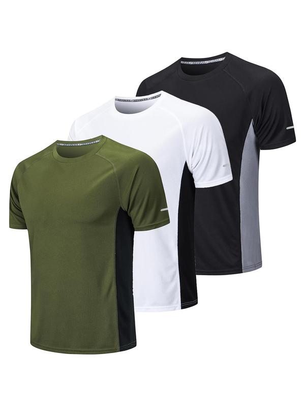 Men's Patchwork Round Neck Sports Tee, Gym Tops, Loose Breathable Quick Drying Short Sleeve T-shirt, Men's Summer Top for Exercise Workout Running, Fall Outfits, Fallfreshness