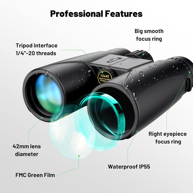 12X42 Binoculars with BAK4 Prism FMC Lens, Universal Phone Adapter, HD, Waterproof Fog proof for Bird Watching, Hunting, Hiking, Sports, and Concerts