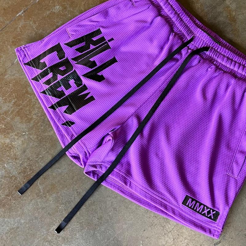 [Kill Crew] Muay Thai Shorts Logo - Purple, Unisex, Mid Thigh Cut, Pockets, Gym Shorts, Elastic Waistband, Long drawcord with wax tips