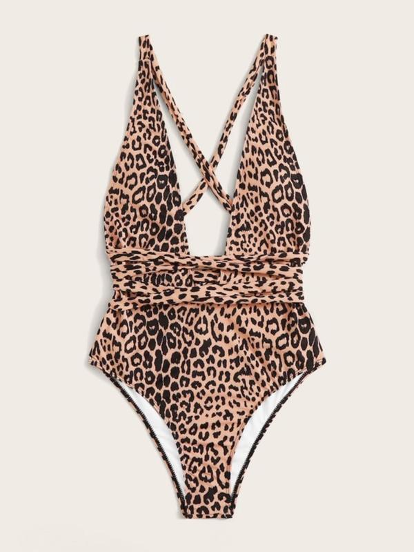 Women's Leopard Print Criss Cross Wrap Knot Swimsuit, Casual Backless One Piece Swimwear, 2024 Summer Bathing Suits, Women's Swimsuit