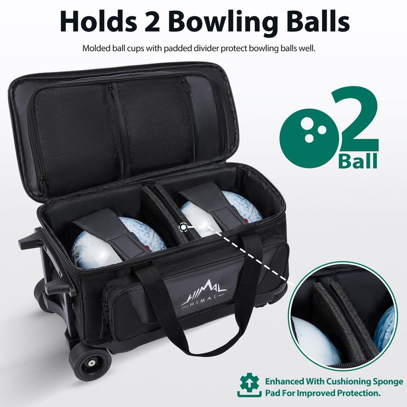 Double Roller 2 Ball Bowling Bag with Separate Shoe Compartment for Bowling Shoes (Up To US Mens Size 15) and Oversized Accessory Pocket, Retractable Handle - Extends to 40