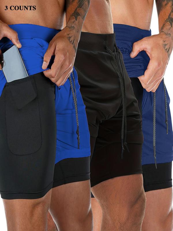 Men's 2 In 1 Drawstring Waist Sports Shorts, Gym Shorts, Casual Breathable Pocket Design Shorts For Outdoor Workout Running, Sport & Outdoor Clothing For Summer