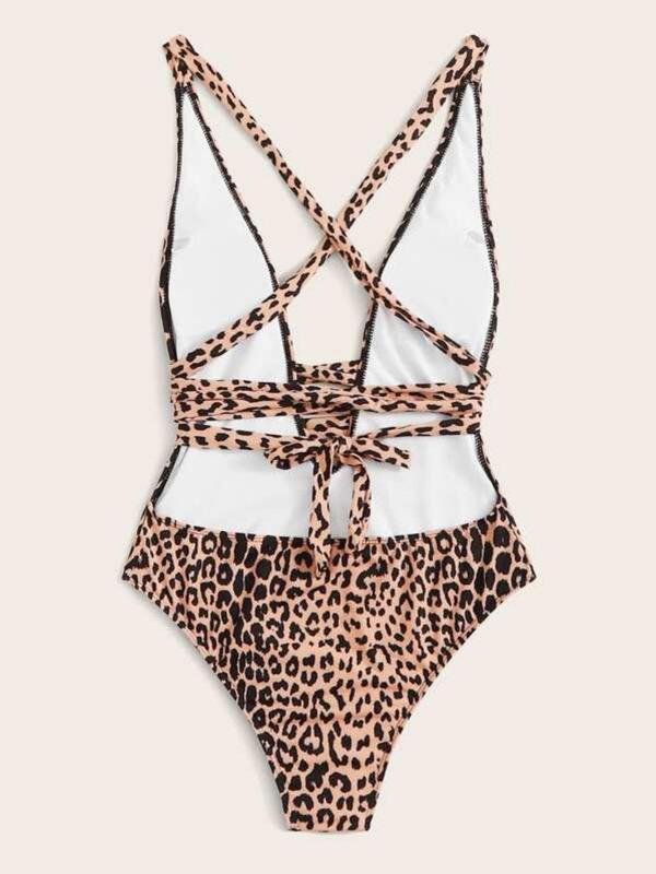 Women's Leopard Print Criss Cross Wrap Knot Swimsuit, Casual Backless One Piece Swimwear, 2024 Summer Bathing Suits, Women's Swimsuit