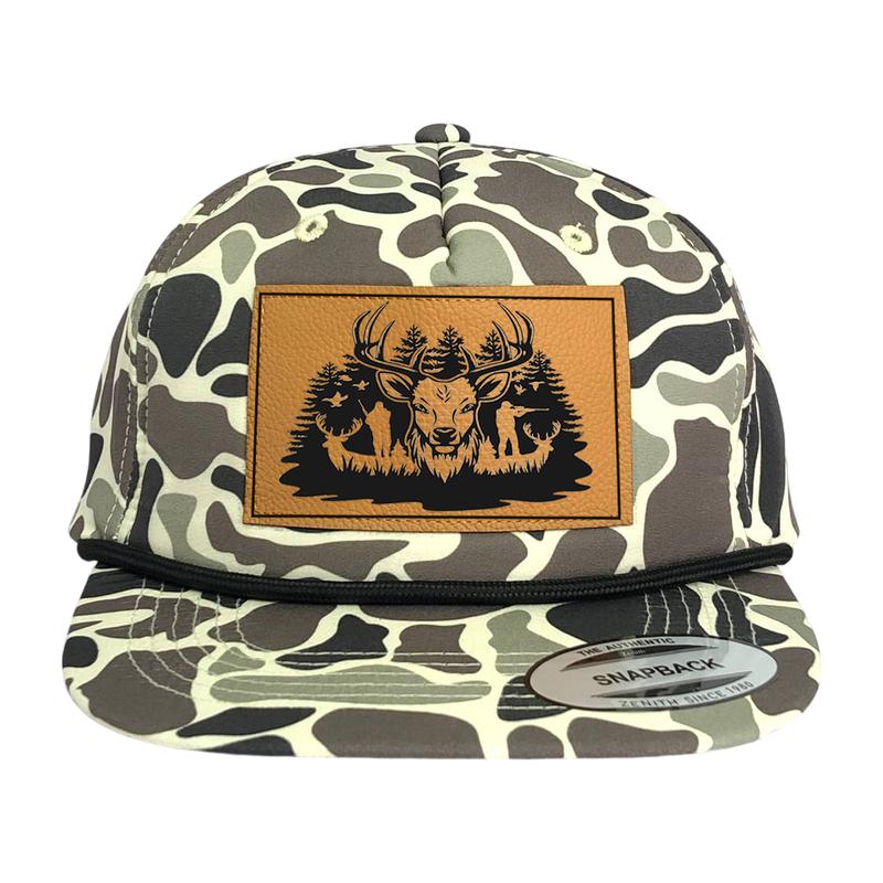 Deer Hunting Hat, Deer Hunter Snapback, Bow Hunting Hat, Leather Hat Patch, Hunting Hat, American Flag with Deer Hat Camouflage Snapback