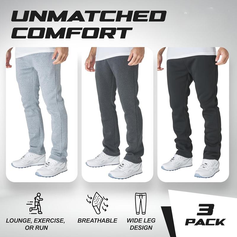 Performance 3 Pack Mens Fleece Wide Leg Sweatpants with Pockets, Open Bottom Workout Sweatpants for Men