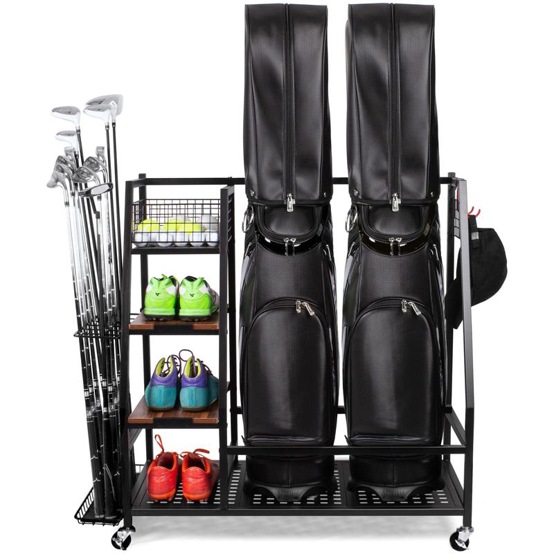 Sttoraboks Golf Bags Storage Garage Organizer, Golf Bag Rack Fits 3 Golf Bags and Golf Equipment Accessories, Golf Club Storage Stand with Wooden Shelf and Lockable Wheels for Garage Indoor Basement